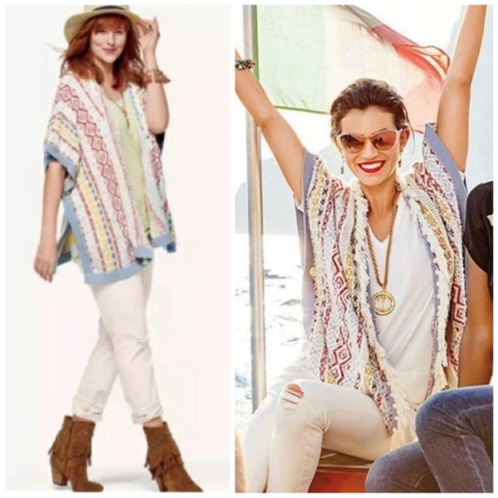 CAbi Multicolor Knit Poncho — Light Blue, Cream, Yellow, Red